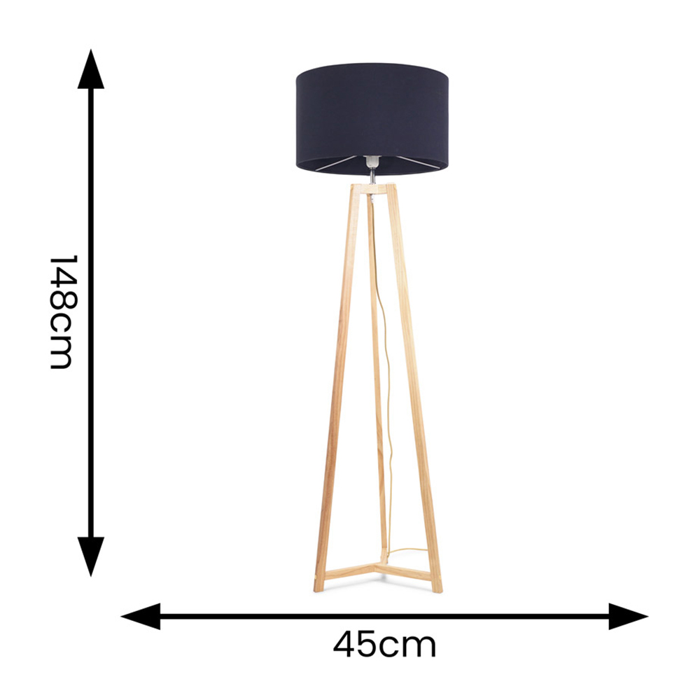 ValueLights Lottie Navy Blue Fabric Drum Shade Natural Wood Tripod LED Floor Lamp Image 4