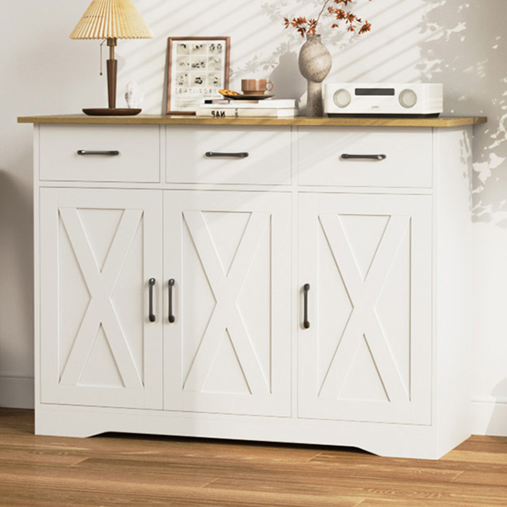 Living and Home 3 Door 3 Drawer White and Wood X-Pattern Sideboard Image 1