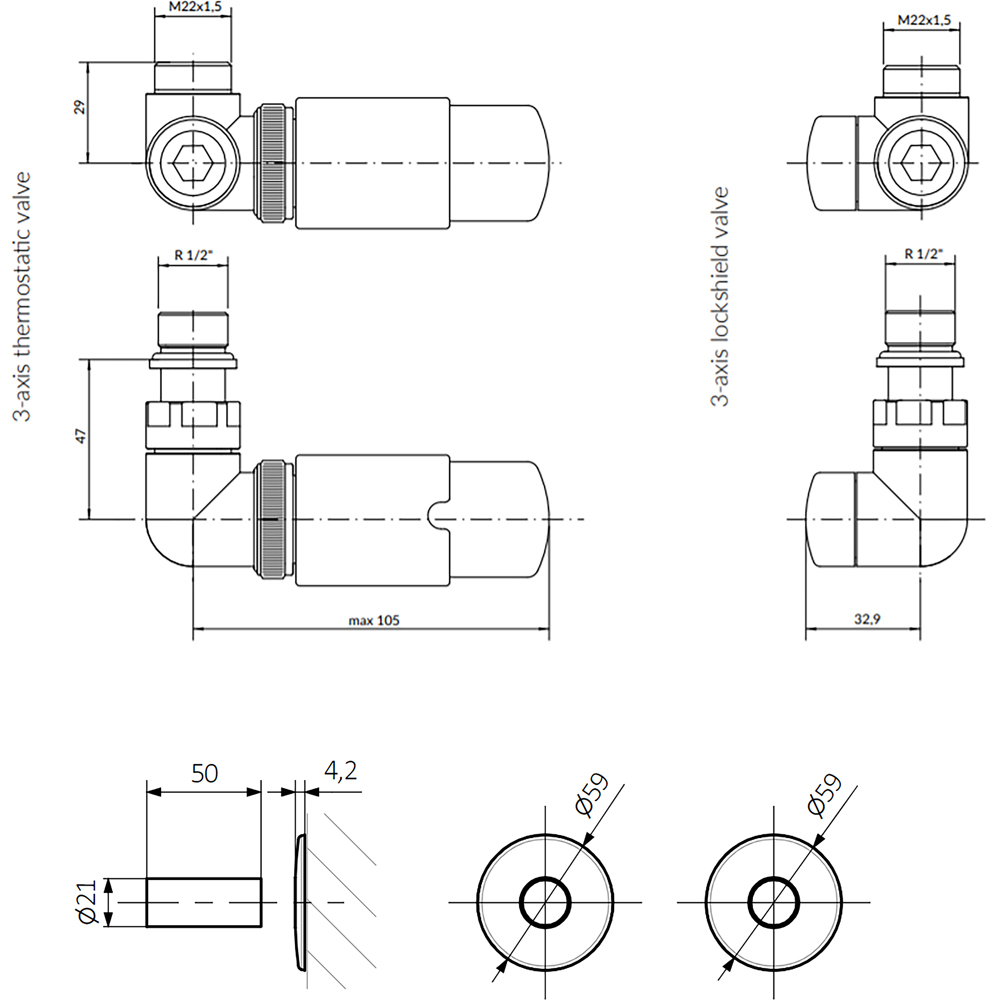 Terma Vario True Copper Right Sided Vision 3 Axis Thermostatic Radiator Valve Set Image 7