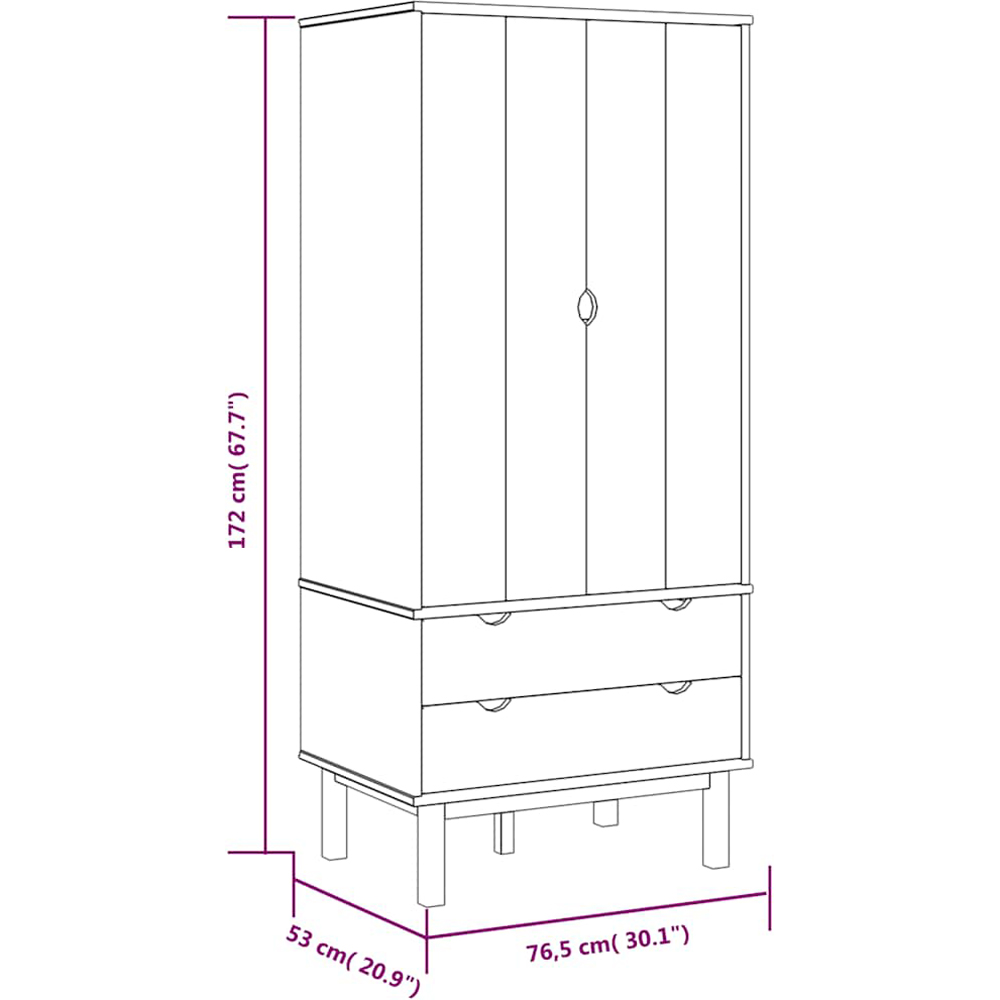 vidaXL Otta 2 Drawer 2 Door Brown Solid Wood Pine Wardrobe Image 6