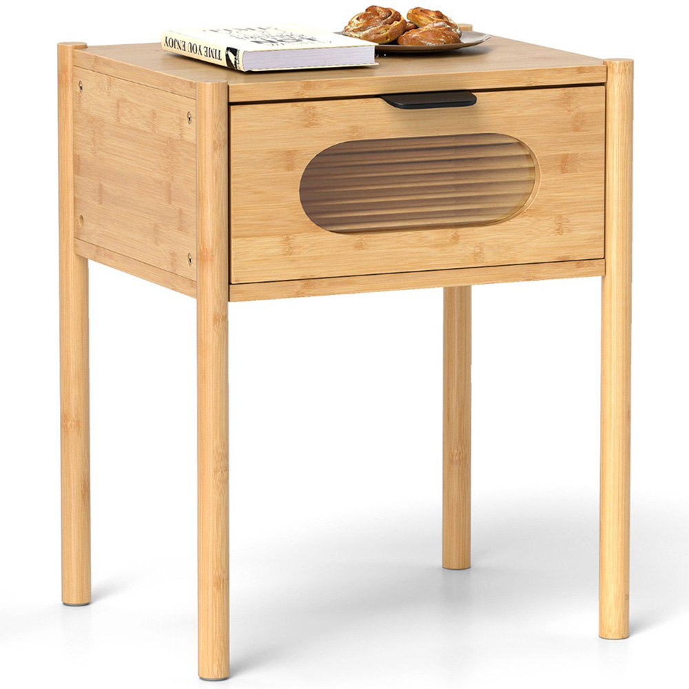 Costway Single Drawer Natural Farmhouse Bedside Table Image 3