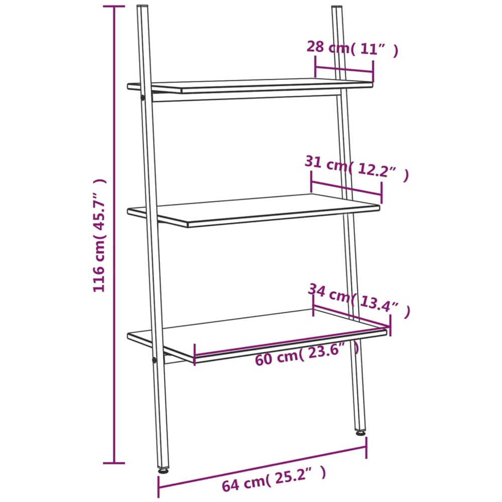 vidaXL 3 Shelf Black Wood and Steel Leaning Bookcase Image 8