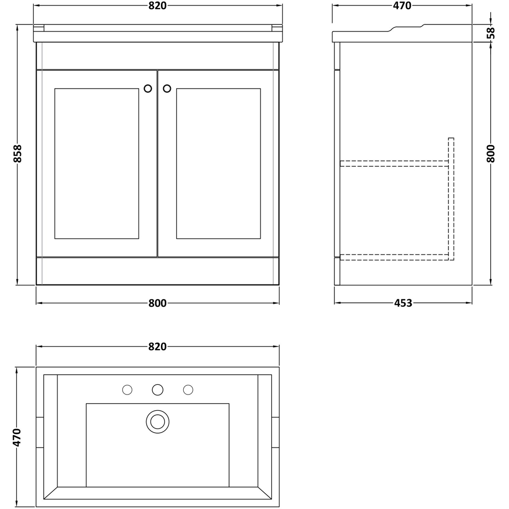 nuie Classique 2 Door Satin White Floor Standing Unit and 3 Tap Hole Fireclay Basin 800mm Image 3