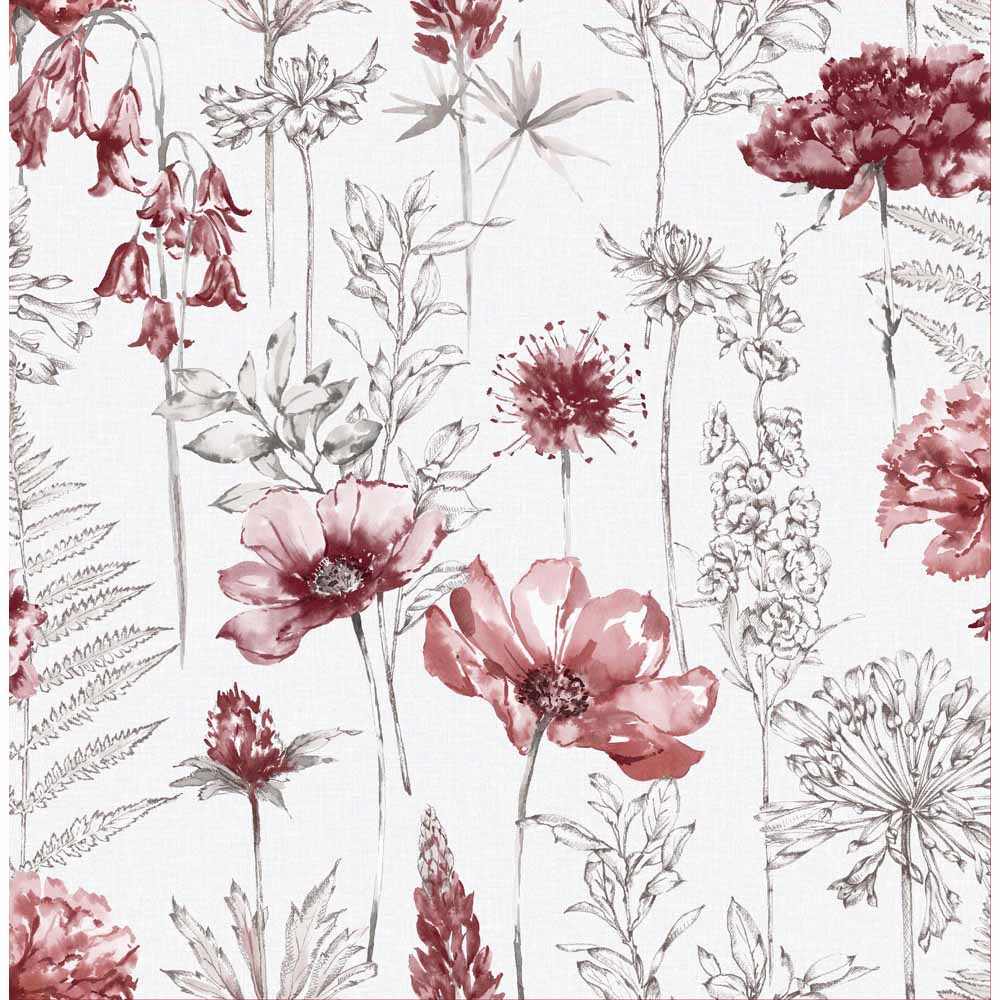 Fresco Floral Sketch Red/Grey Wallpaper Image