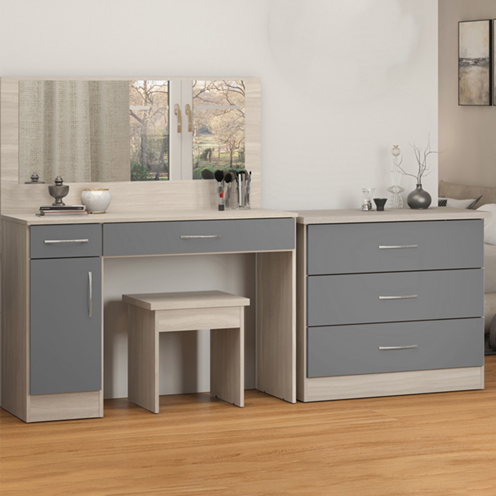 Seconique Nevada Grey Gloss Light Oak Veneer Dressing Table Set Wilko