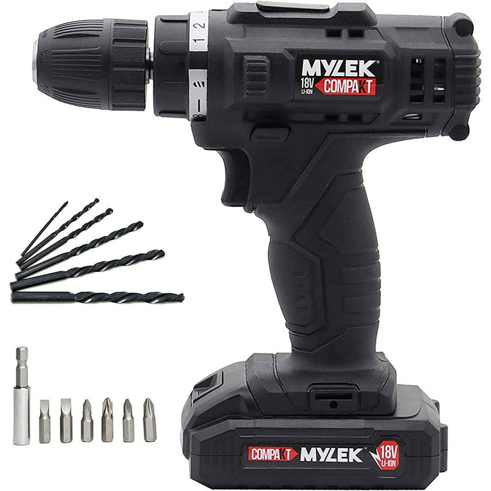 MYLEK 18V 1500mAh Lithium-Ion Drill Drive with Battery and 13 Bits Image 1