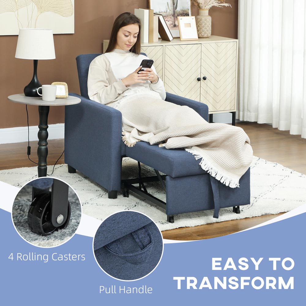 HOMCOM Blue Upholstered Fabric Convertible Single Chair Bed Image 6
