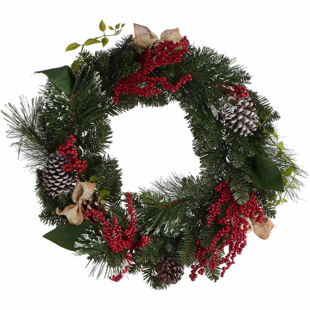 Wilko Frosted Fir and Red Berries Christmas Wreath 60cm Image 1