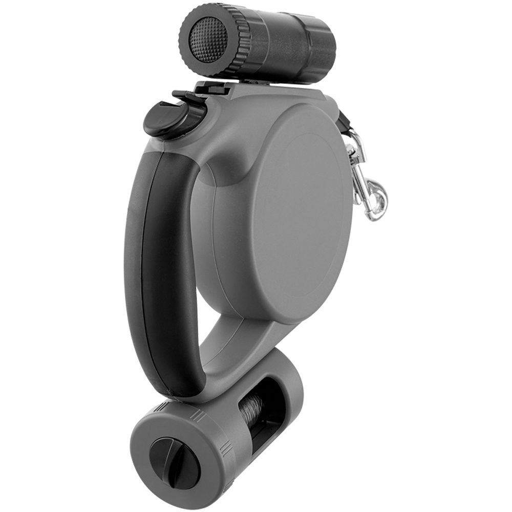 H&O Direct 5m Grey Retractable Dog Lead with Torch and Trash Bag Holder Image 2