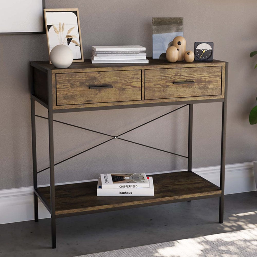 Home Vida Brooklyn 2 Drawer Dark Wood Industrial Console Table Image 1