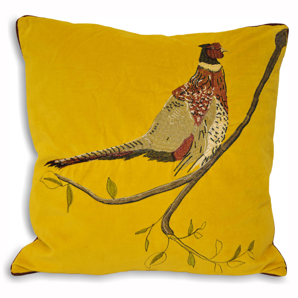 Paoletti Hunter Mustard Velvet Pheasant Cushion Image