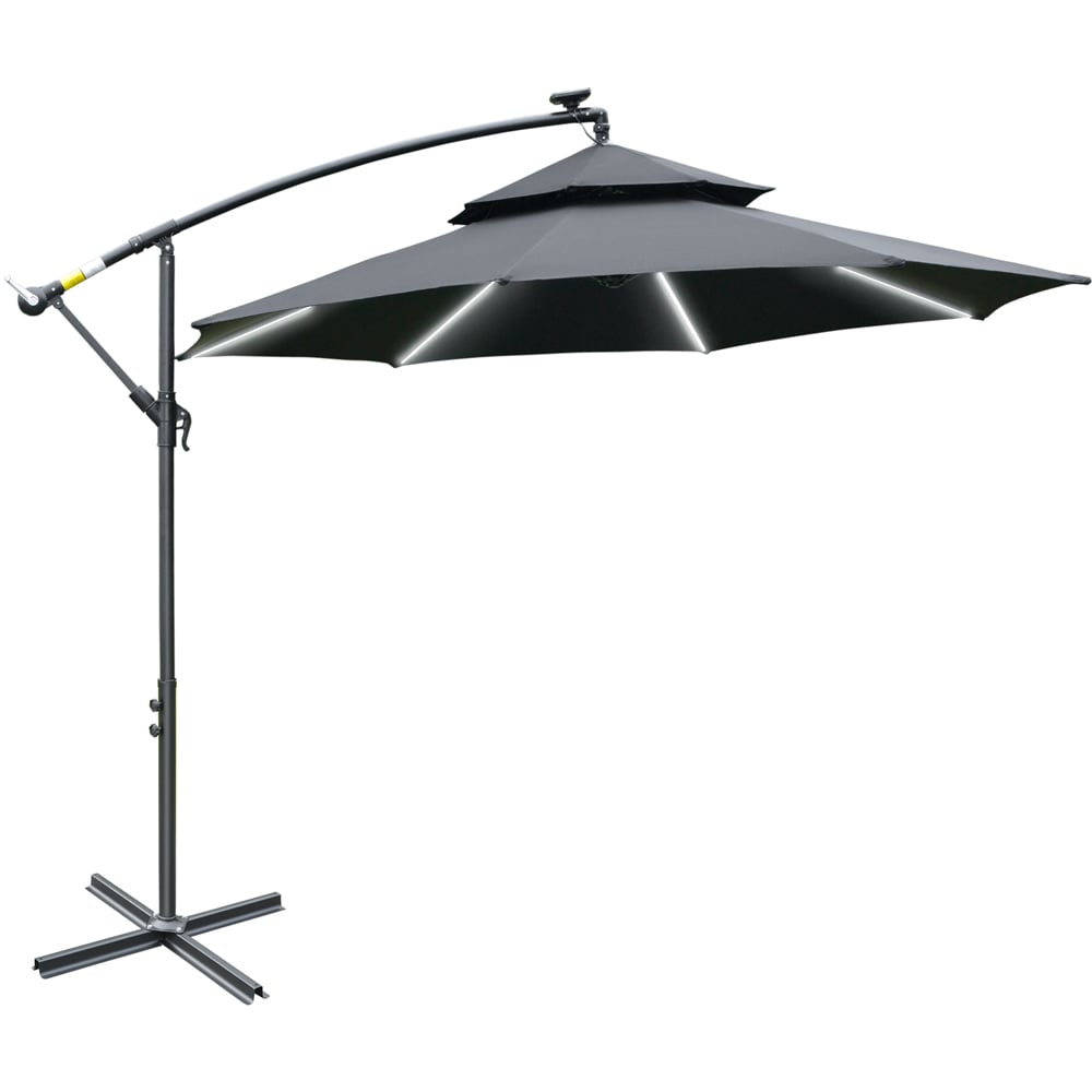 Outsunny Black Solar LED Crank Handle Cantilever Banana Parasol with Cross Base 3m Image 1