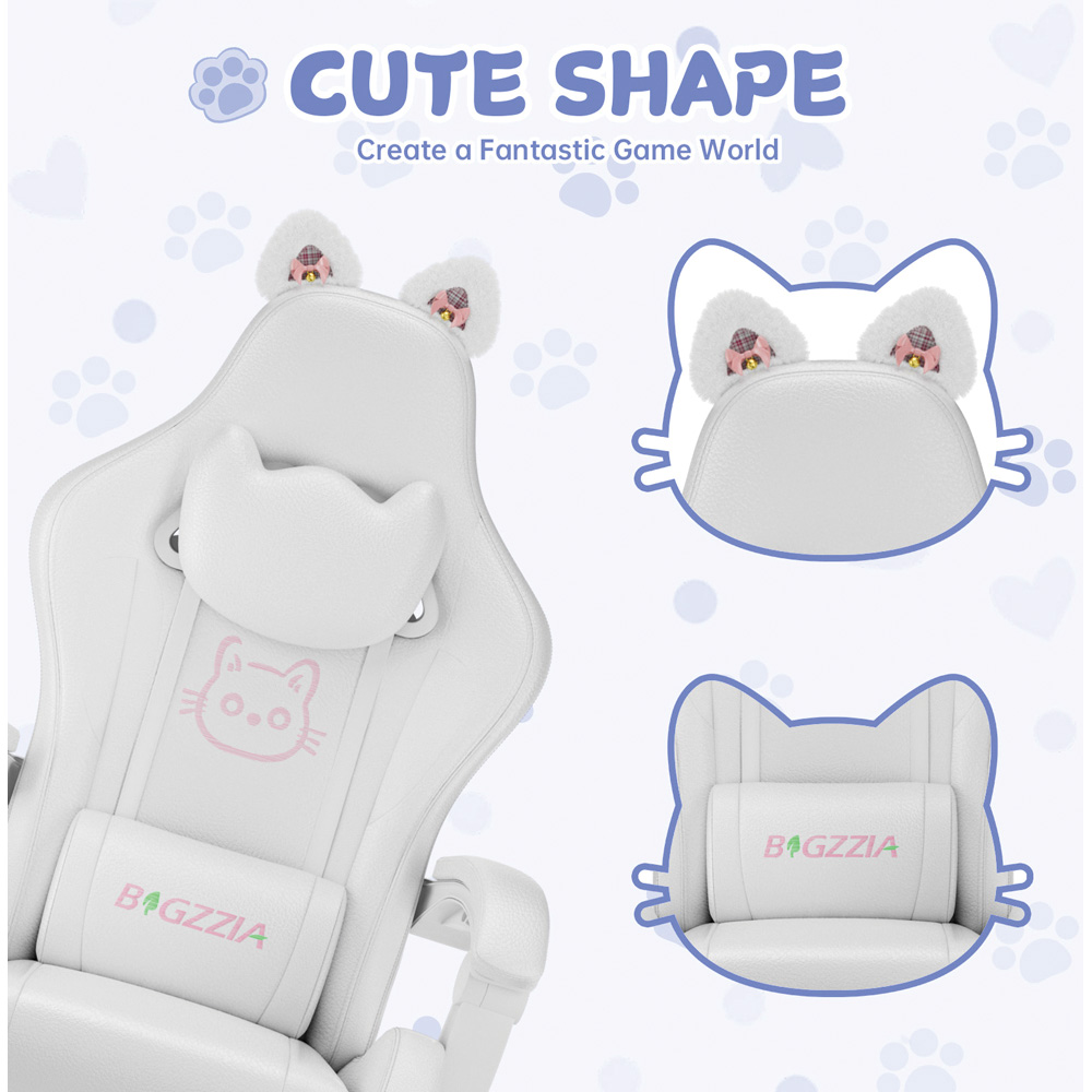 Rattrix White Cat Ears Gaming Chair with Massage Lumbar Support and Footrest Image 6