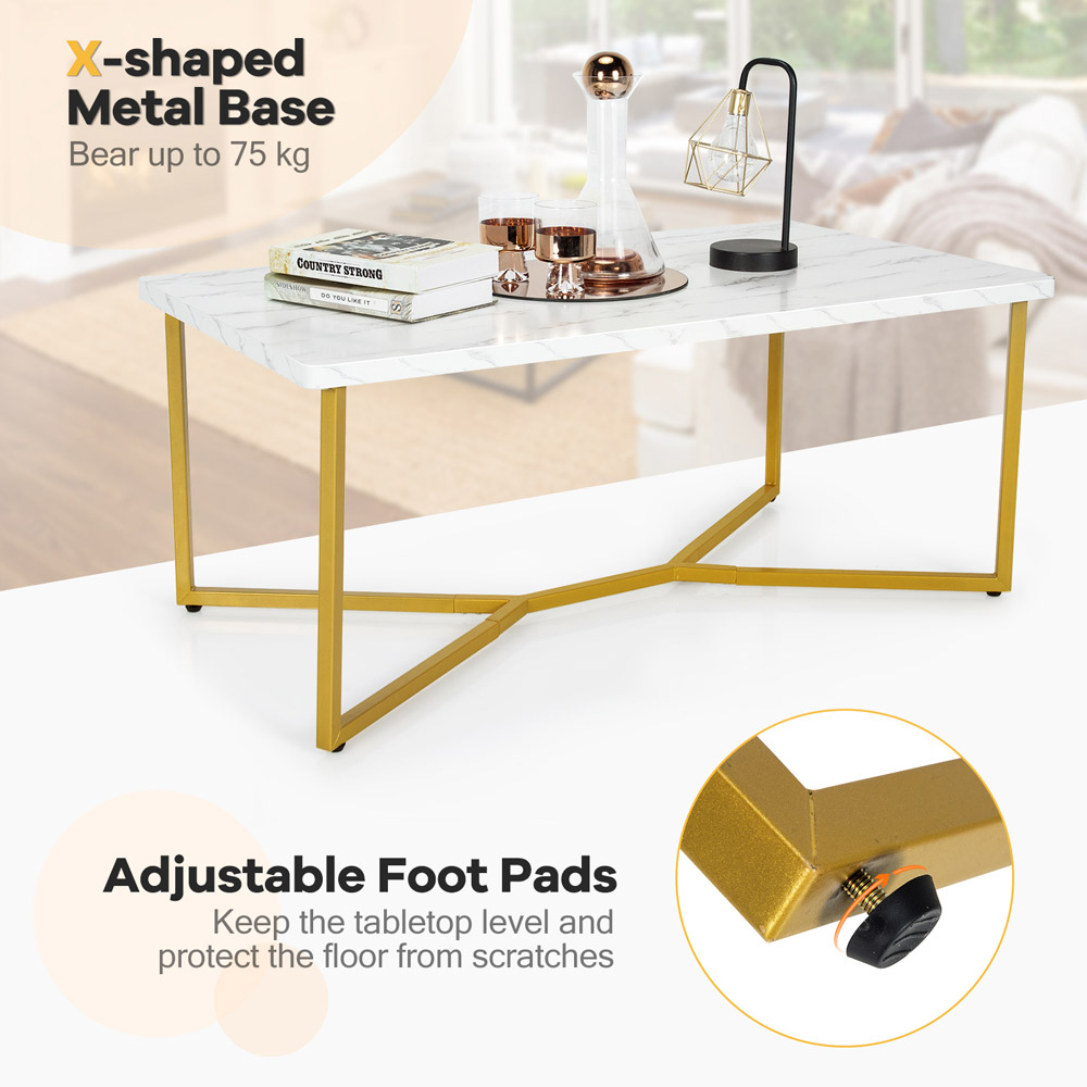Costway Faux Marble Modern Coffee Table with Golden Y Shaped Legs Image 8