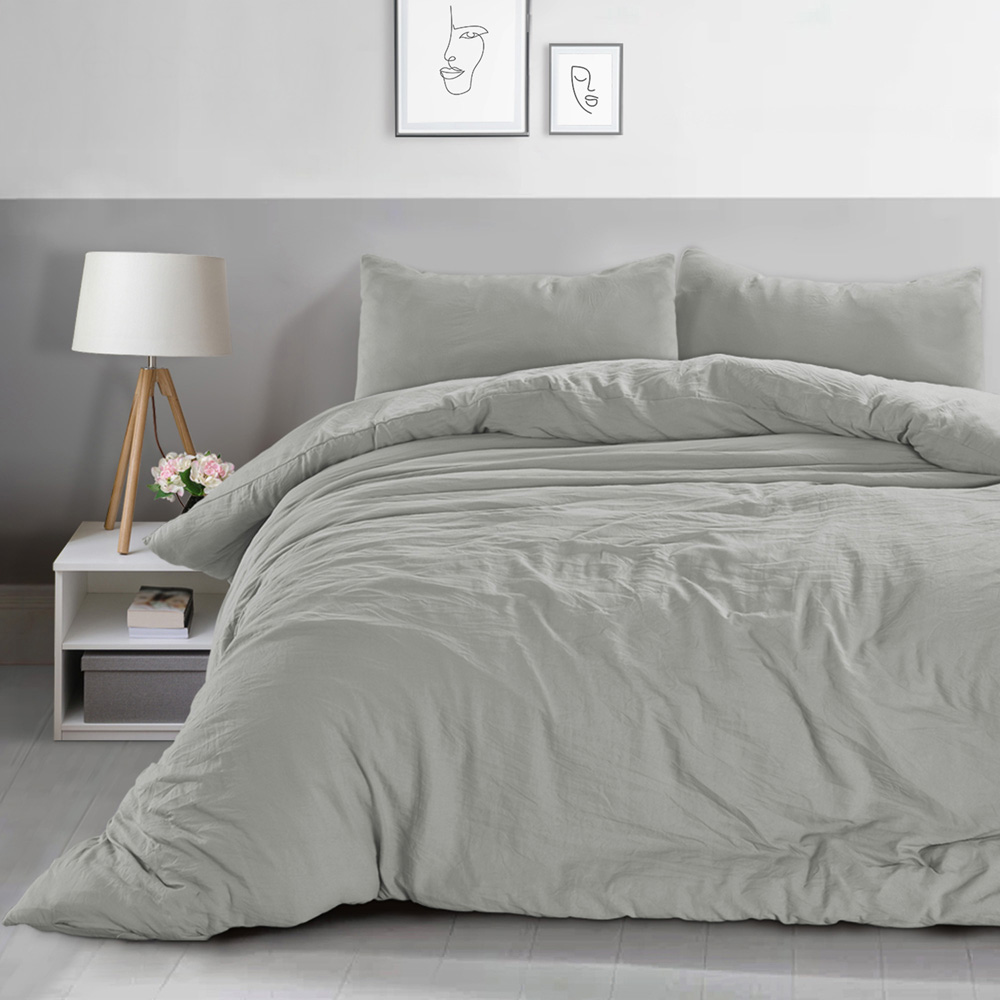 Velosso Washed Linen Look Single Silver Duvet Set Image 1