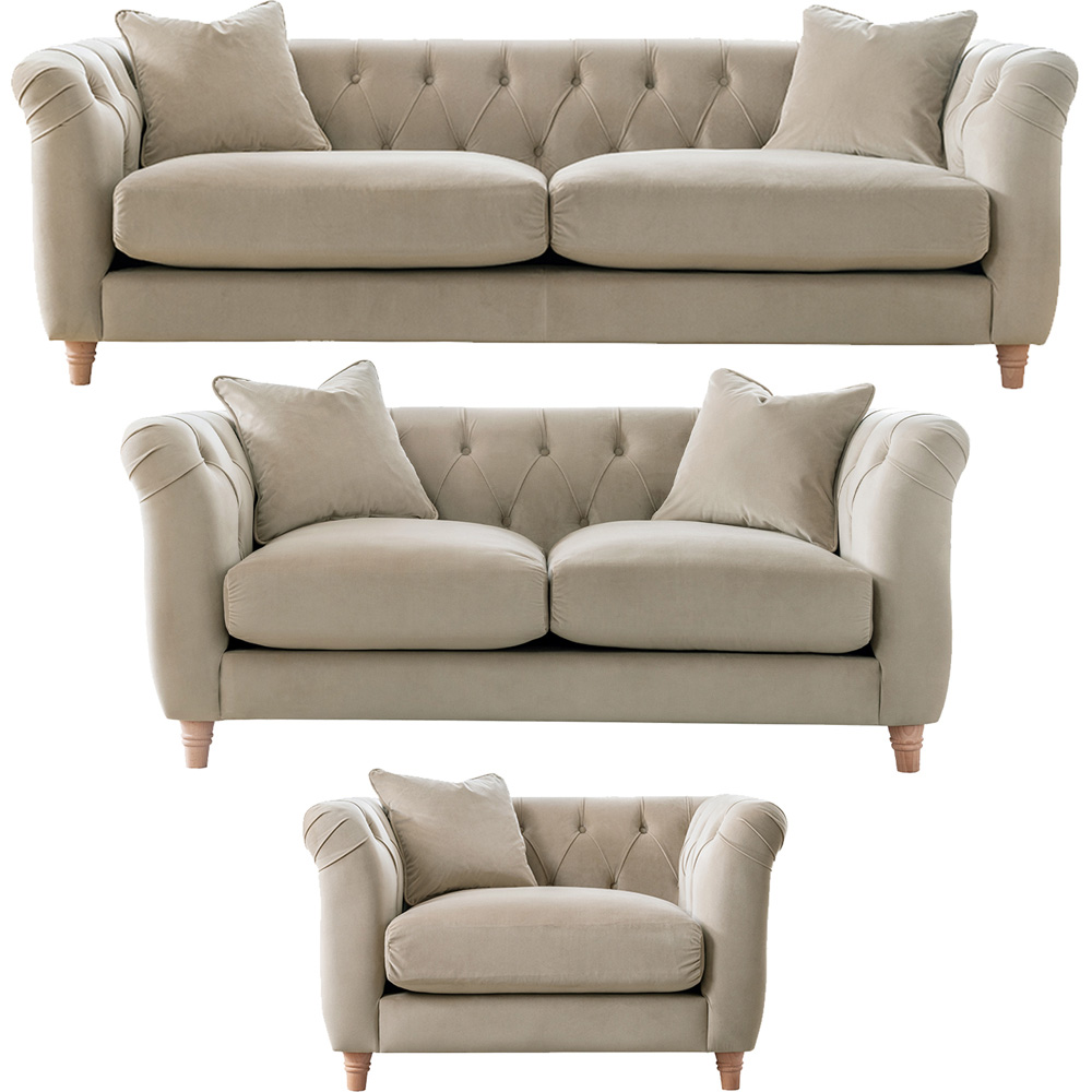 Elsie Chesterfield 6 Seater Putty Plush Velvet Sofa Suite Image 2
