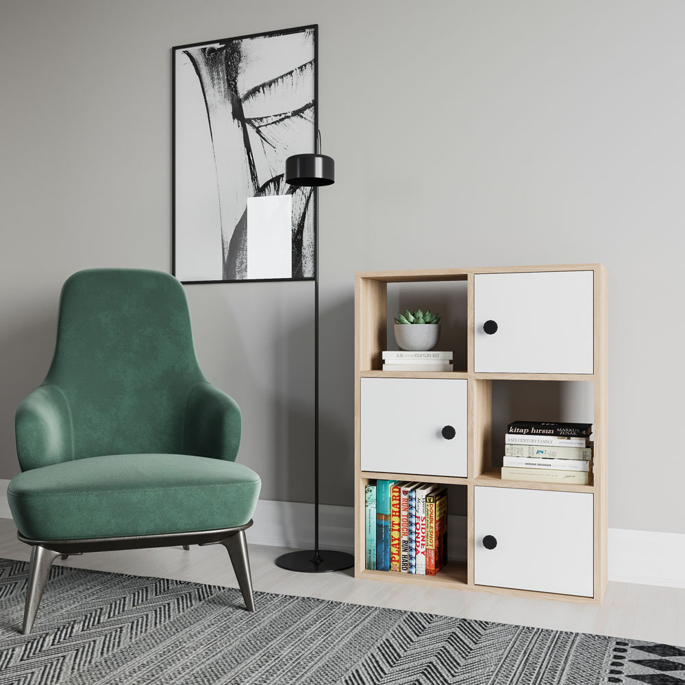 Decorotika Tilton 3 Door 3 Open Shelf Oak and White Bookcase Image 4