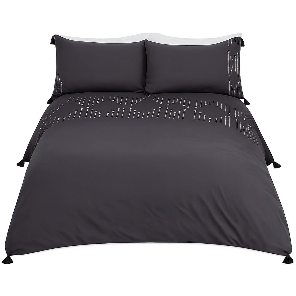 Smart Living Super King Size Boho Embroidered Tassels Charcoal Duvet Cover Set Image 2