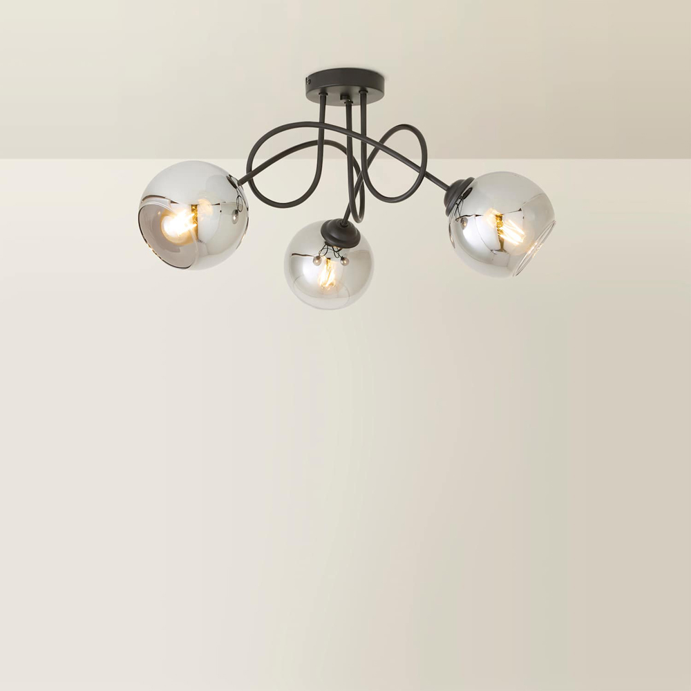 ValueLights Malcom 3 Arm Smoked Glass Shade Matt Black Twisted Ceiling Light with Bulb Image 5