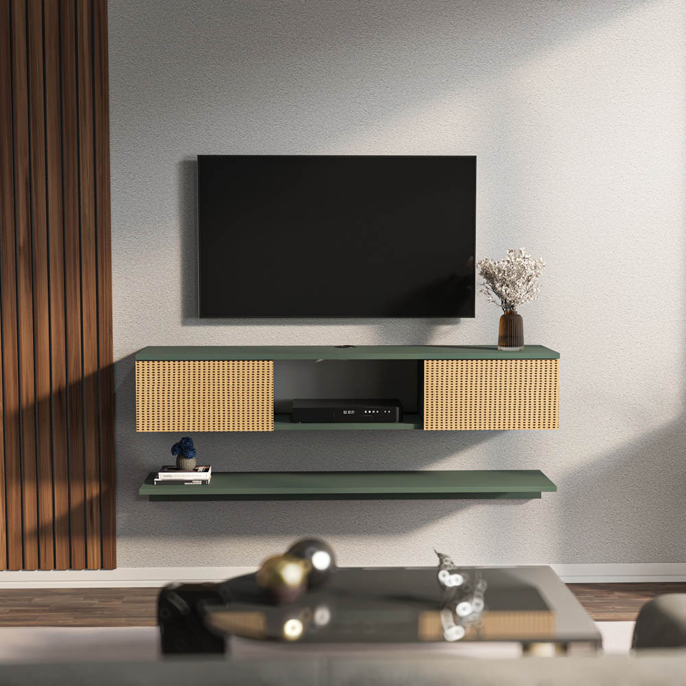 Decorotika Elia 2 Door Single Shelf Silva and Hazeran Floating TV Unit with Wall Shelf Image 8