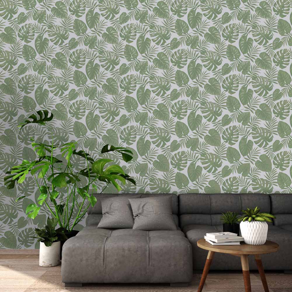 Holden Decor Riviera Tropical Leaf Green/Grey Wallpaper Image 2