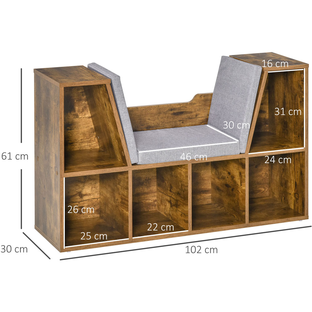 Portland 6 Shelf Brown Bookcase with Cushioned Reading Seat Image 7