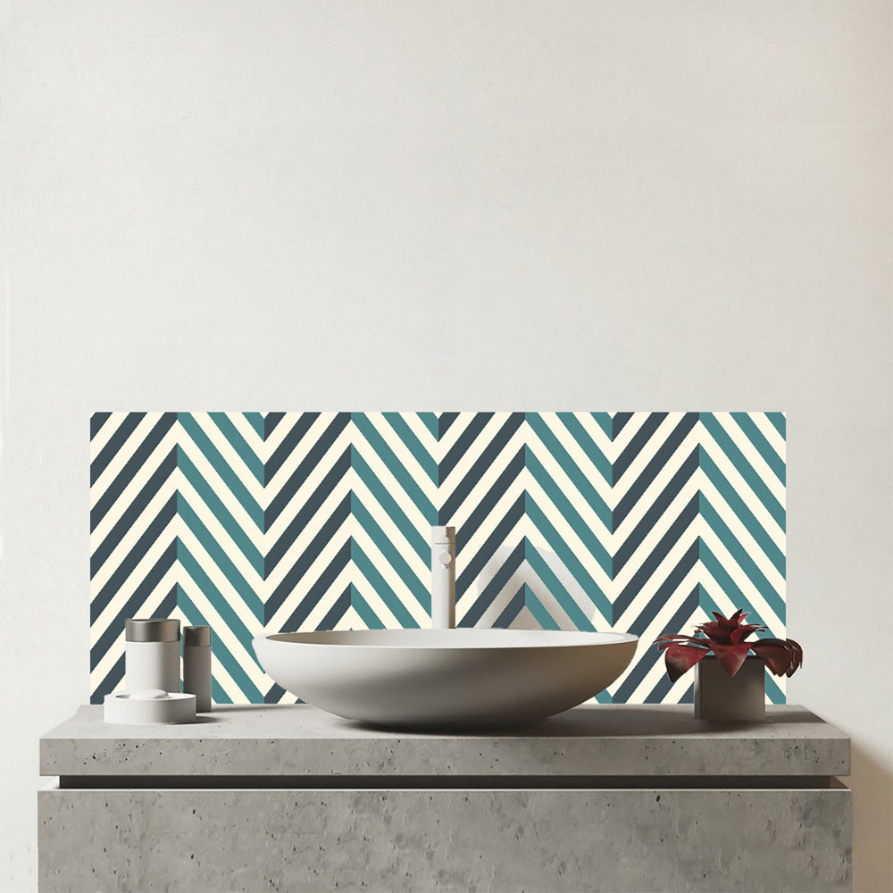 Warren Reed Designer Geometric Herringbone Chevron Blues Glass Bathroom Splashback 25 x 60cm Image 1