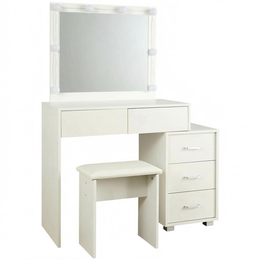 Home Source Vero 5 Drawer White Vanity Table and Cushioned Stool Set with LED Mirror Image 2
