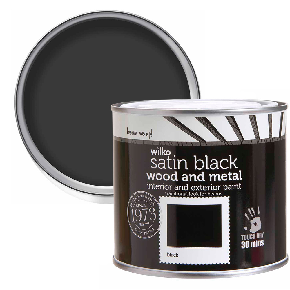 Wilko Quick Dry Wood & Metal Pure Brilliant Black Satin Paint 500ml Image 1