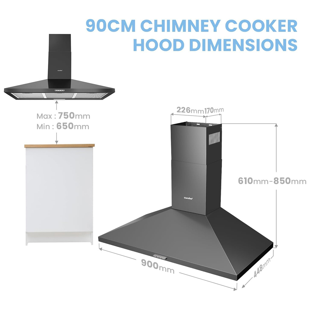Comfee Black 90cm 3 Speed Wall Mounted Cooker Hood with LED and Carbon Charcoal Filter Image 8