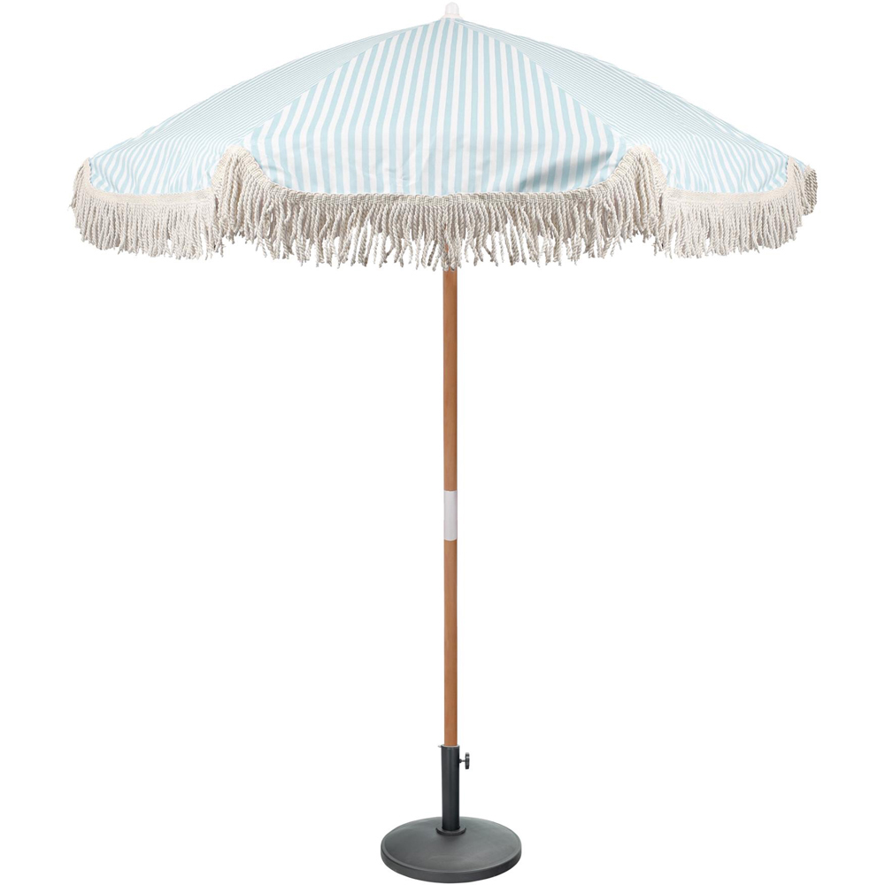 Harbour Housewares Pastel Blue Stripe Tassel Fringed Wooden Garden Parasol and Base Set 1.4m Image 1