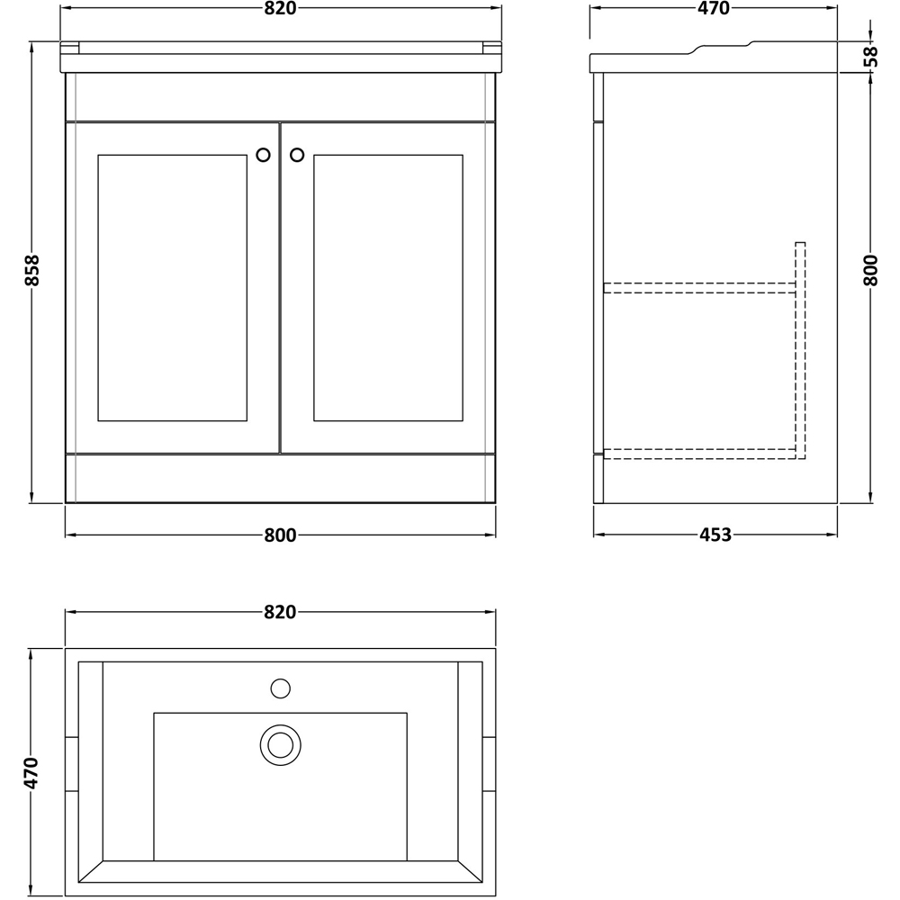 nuie Classique 2 Door Satin White Floor Standing Unit and 1 Tap Hole Fireclay Basin 800mm Image 3