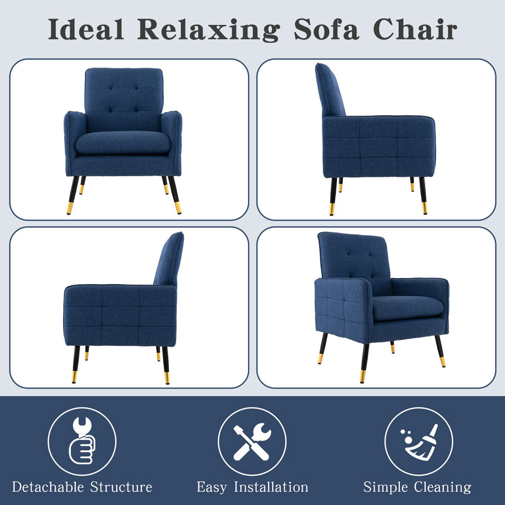 Costway Blue Linen Fabric Accent Chair with Removable Seat Cushion Image 5