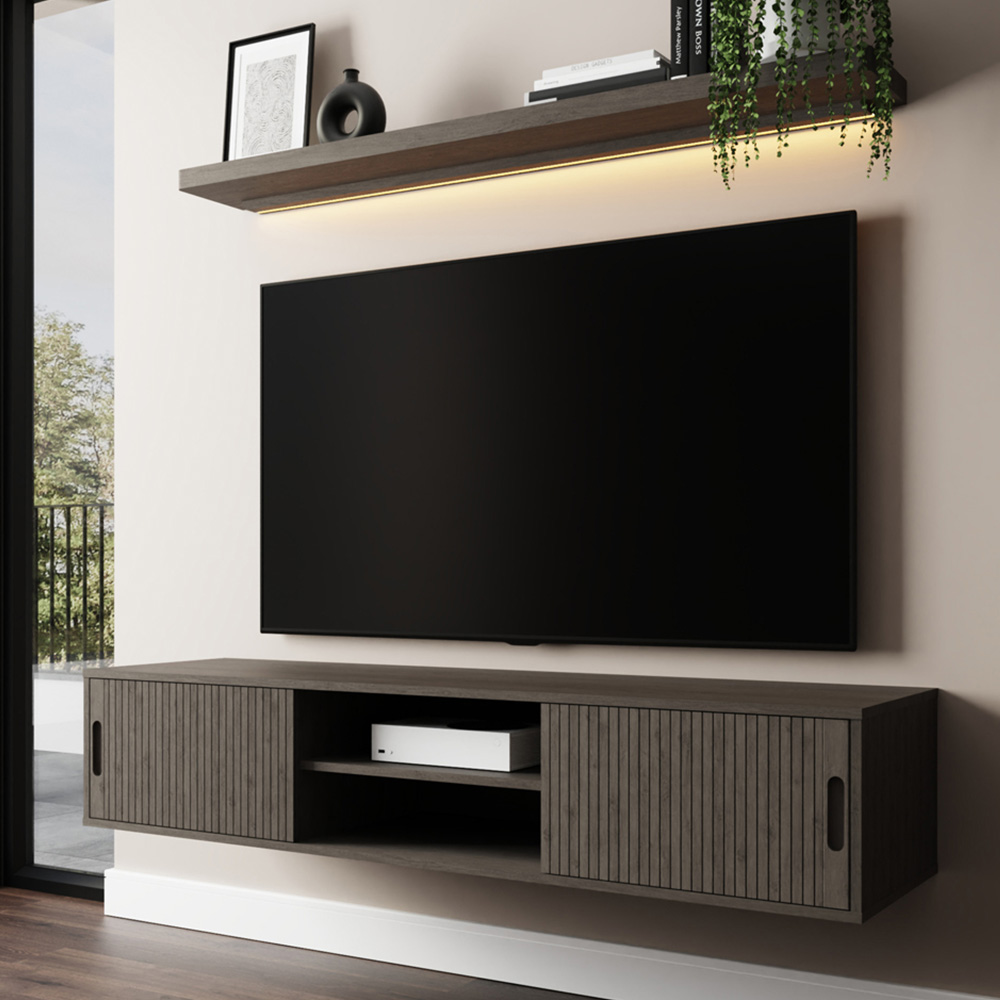 GFW Nina 2 Door 2 Shelf Grey Wall Mounted TV Unit with LED Wall Shelf Image 1