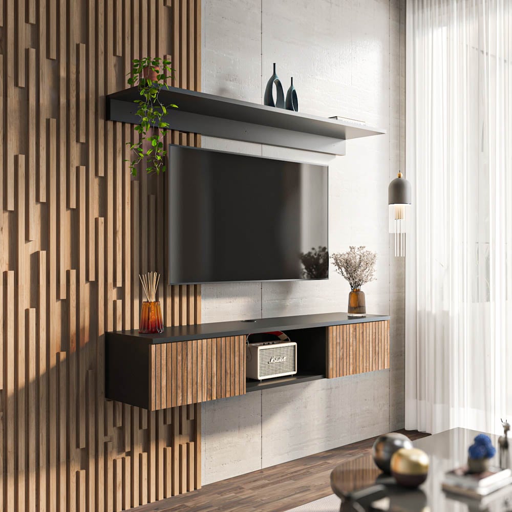 Decorotika Elia 2 Door Single Shelf Black and Alina Floating TV Unit with Wall Shelf Image 5