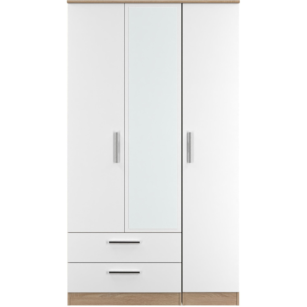 Crowndale Contrast 3 Door 2 Drawer White Matt and Bardolino Oak Mirrored Wardrobe Ready Assembled Image 2