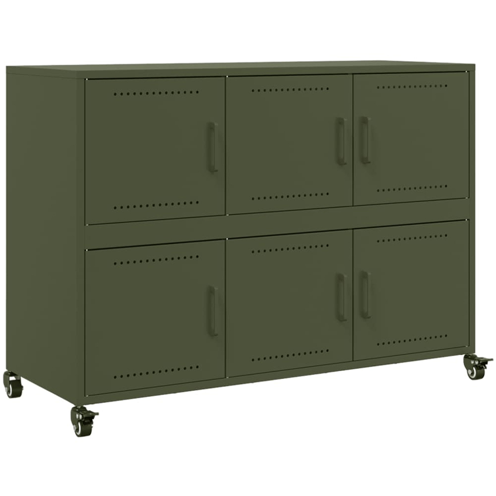 vidaXL 6 Door Olive Green Metal Sideboard with Wheels Image 2
