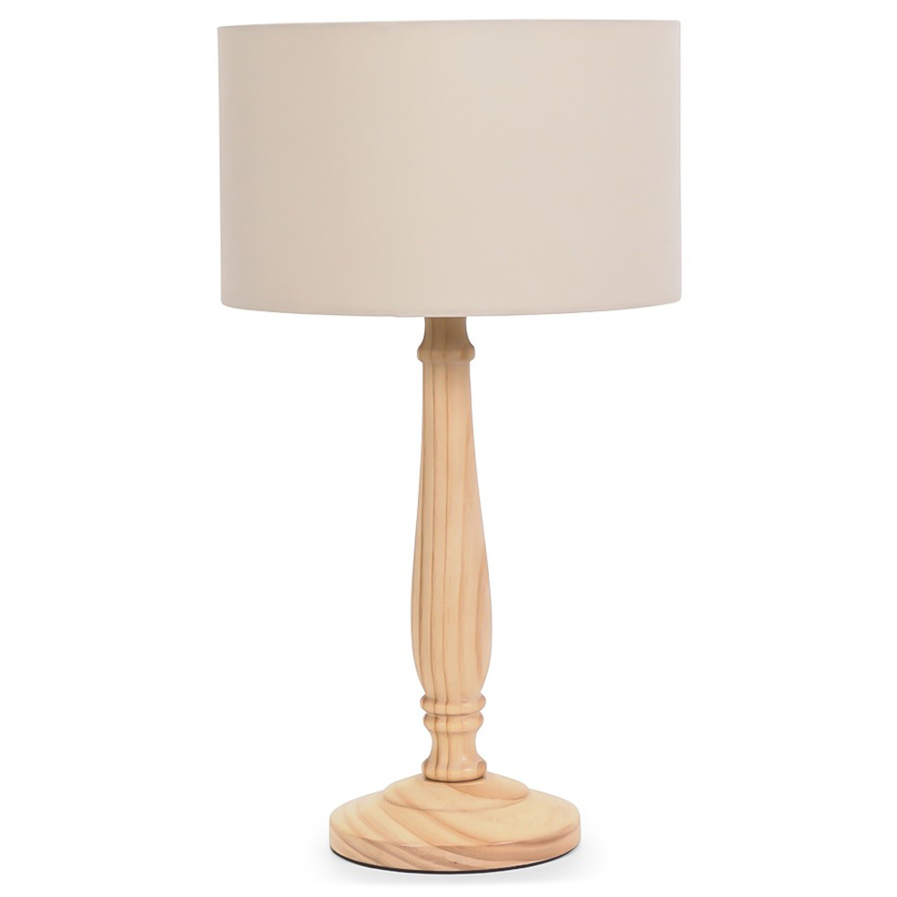 ValueLights Victoria Natural Fabric Drum Shade Light Wood Traditional Stem LED Table Lamp Image 1