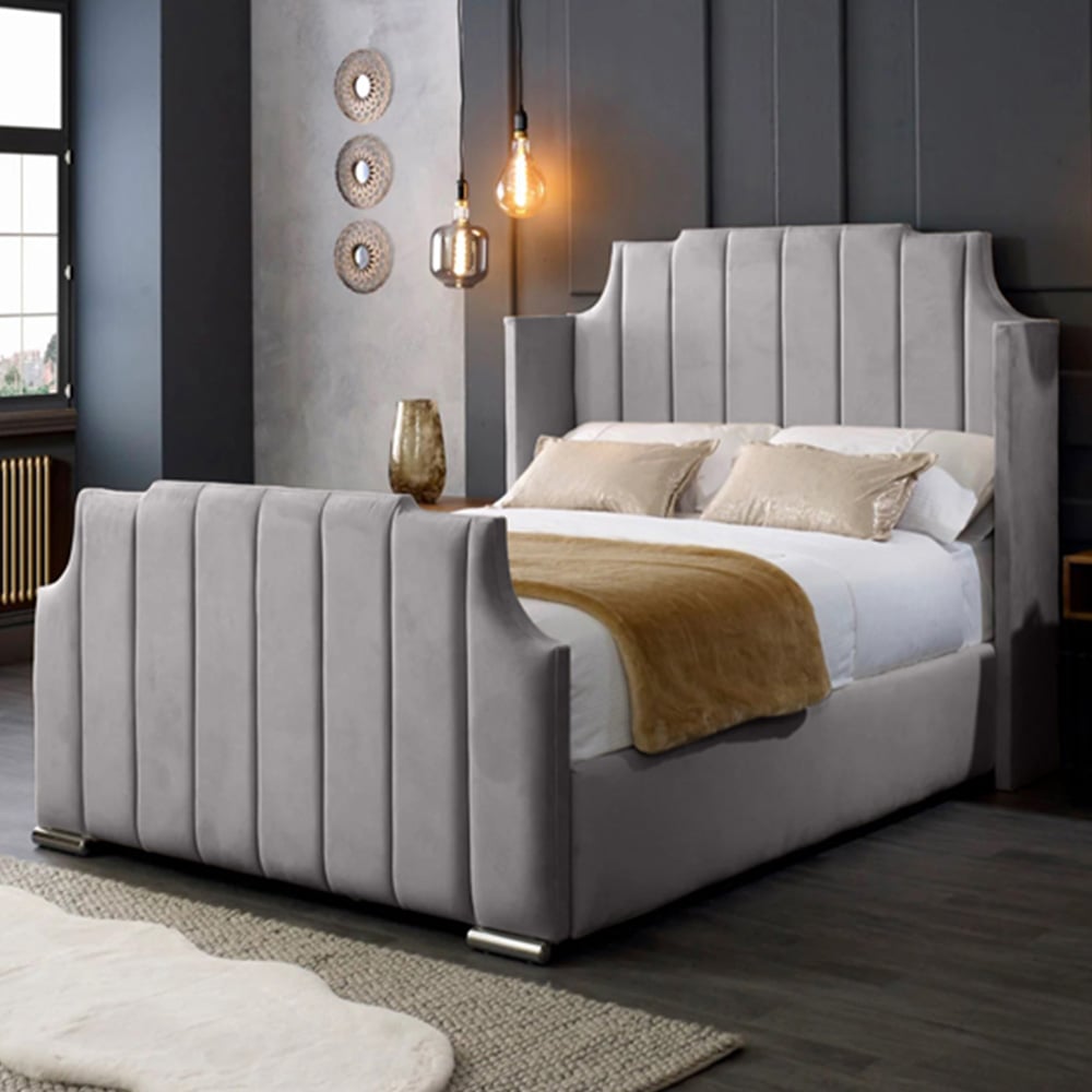 Eleganza Home Nelly Double Silver Plush Velvet Bed Frame with Winged Headboard Image 1