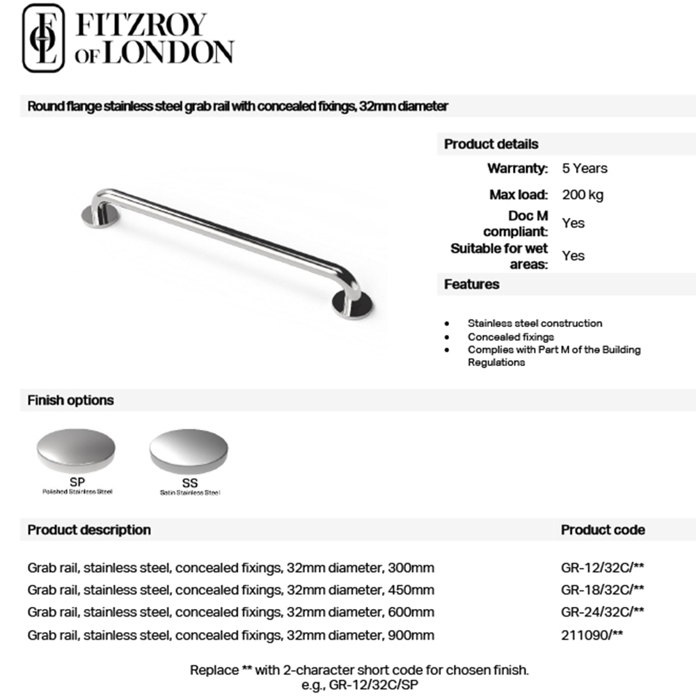 Fitzroy of London Satin Stainless Steel Concealed Fixing Grab Rail 32 x 300mm Image 2