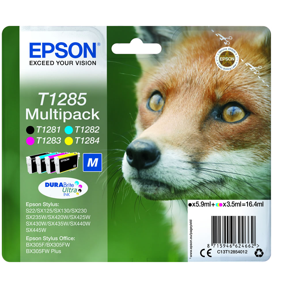 Epson T1285 Ink Cartridge Multipack  - wilko Choose a genuine Epson Ink Cartridge for outstanding print output from your Epson printer. This cartridge multipack is packed with high quality Epson DuraBrite Ultra ink for even more vibrant photos, giving you superb results across anything from business documents to school reports, posters to photo prints. Because it's an official Epson cartridge, it ensures trouble-free, flawless printing.  Compatible with Epson Stylus: S22 / SX125 / SX130 / SX230 / SX235W / SX420W / SX425W / SX430W / SX435W / SX440W / SX445W and Epson Stylus Office: BX305F / BX305FW / BX305FW Plus