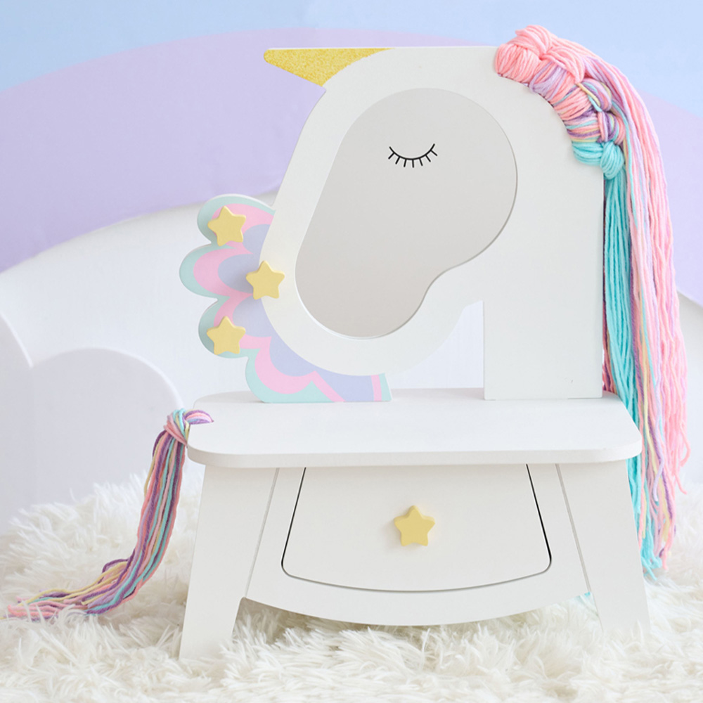 Teamson Kids Dreamy Unicorn White Tabletop Vanity with Real Wool Hair Image 1