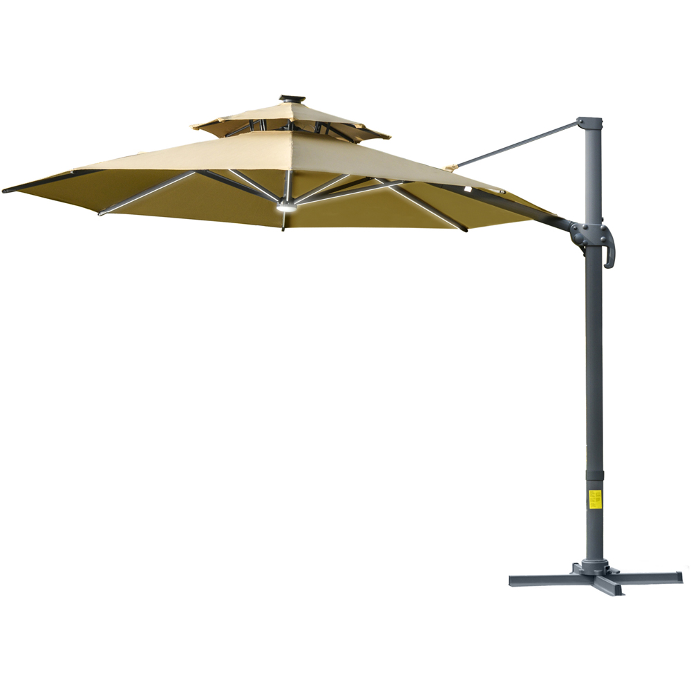 Outsunny Khaki Double Tier LED Crank Handle Cantilever Parasol with Cross Base 3m Image 1