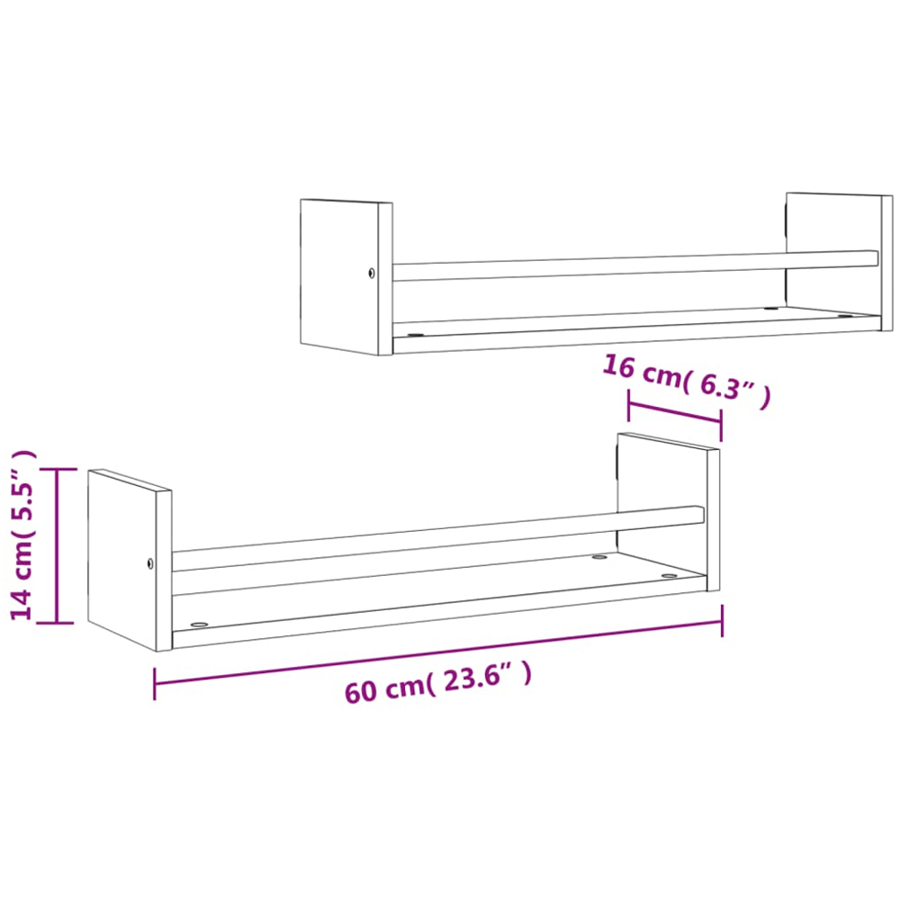 vidaXL 60cm Smoked Oak Floating Wall Shelf with Bar Set of 2 Image 7