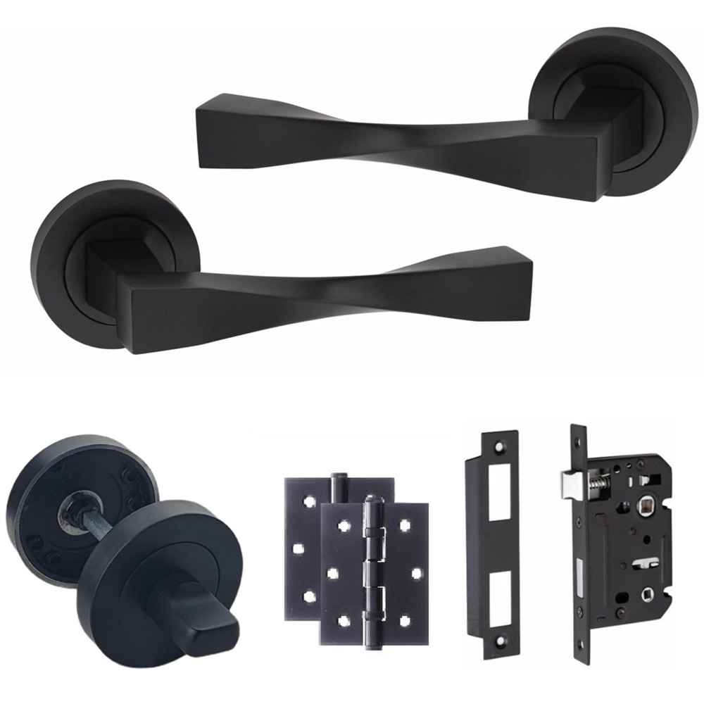 Golden Grace Matt Black Straight Astrid Twist Bathroom Door Handle Pair with Mortise Hinges and Thumbturn 64mm Image 1