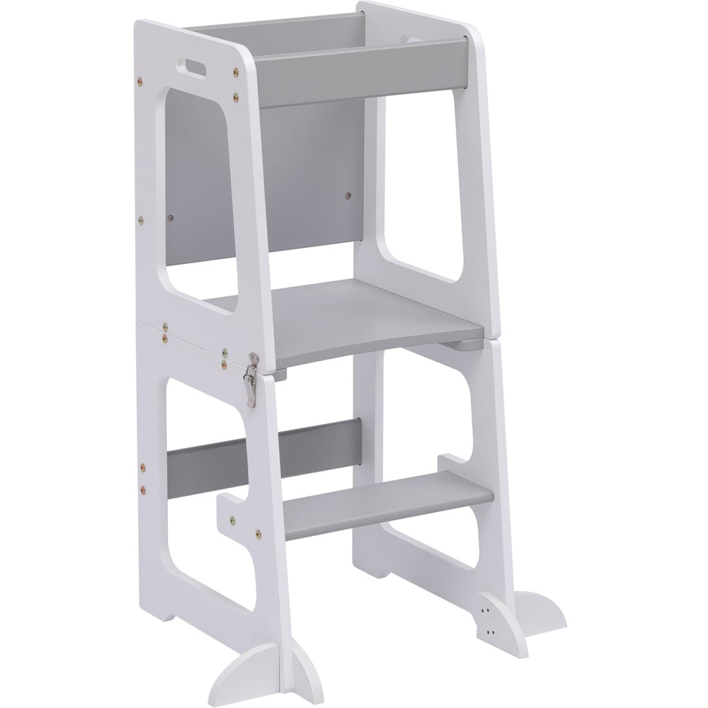 FurnitureHMD 2-in-1 White and Grey Kids Wooden Kitchen Step Stool with Blackboard and Safety Rail Image 2