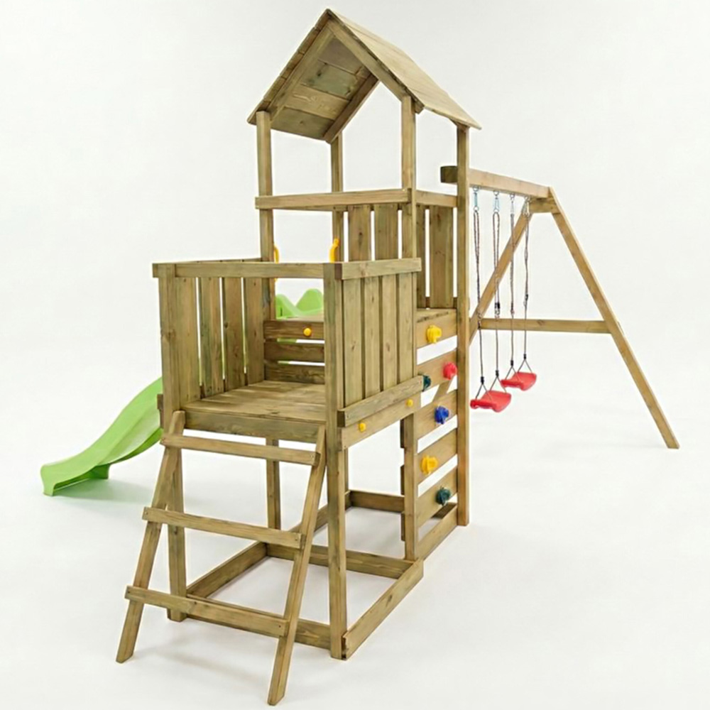 Shire Max Play Multi-Activity Wooden Play Tower with Slide Swings Climbing Wall and Sandpit Image 3