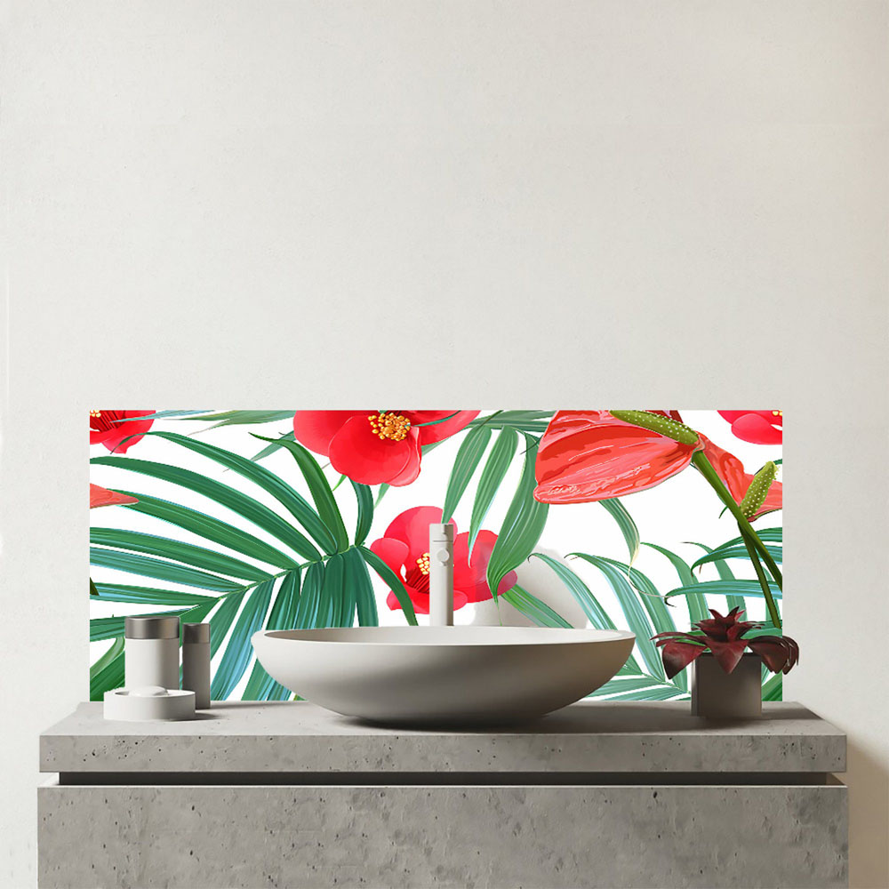 Warren Reed Designer Hawaiian Tropical Flowers Glass Bathroom Splashback 25 x 60cm Image 1