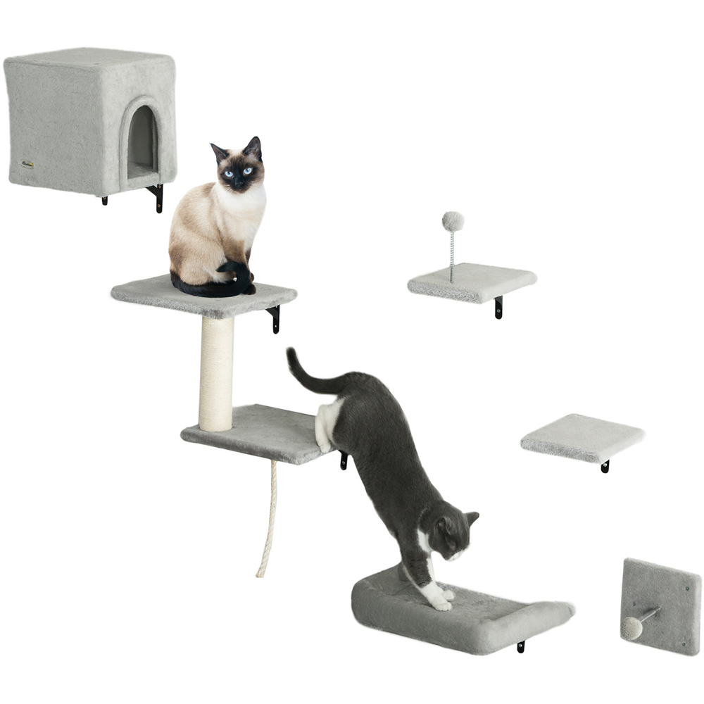 PawHut Grey 6 Piece Cat Wall Furniture Set Image 1
