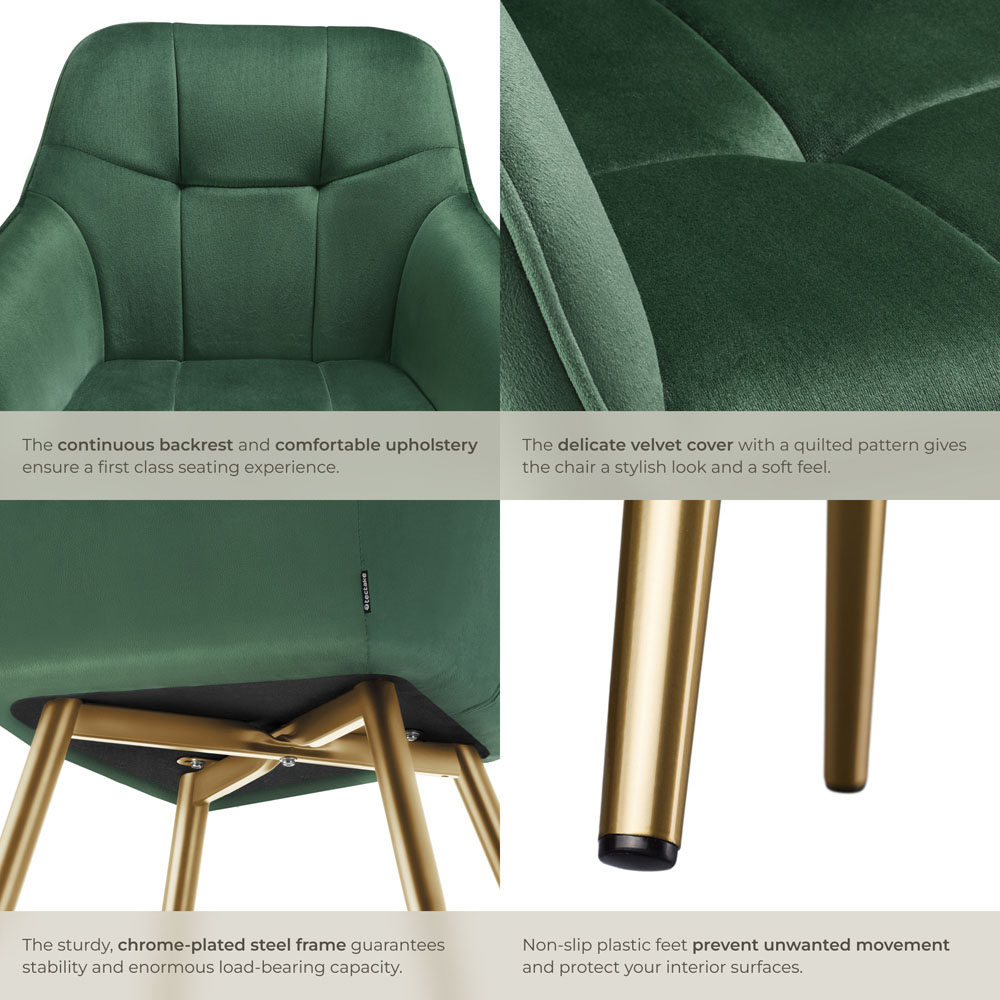 tectake Marilyn Dark Green and Gold Quilted Velvet Chair Image 6